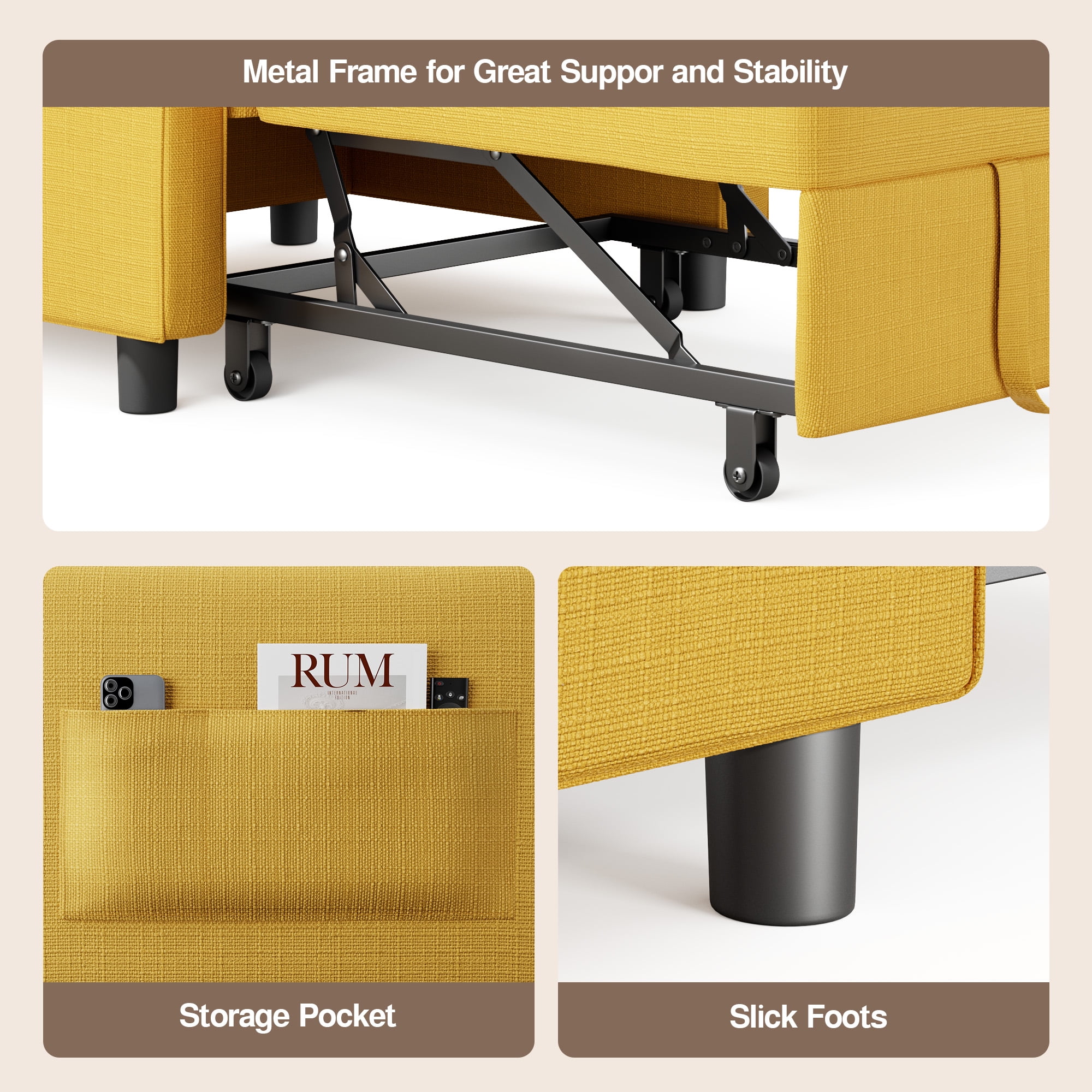 Adjustable Backrest Convertible Sofa Bed, 3-in-1 Linen Reclining Sleeper Chair, Multifunctional Couch for Living Room Bedroom Small Space, Yellow