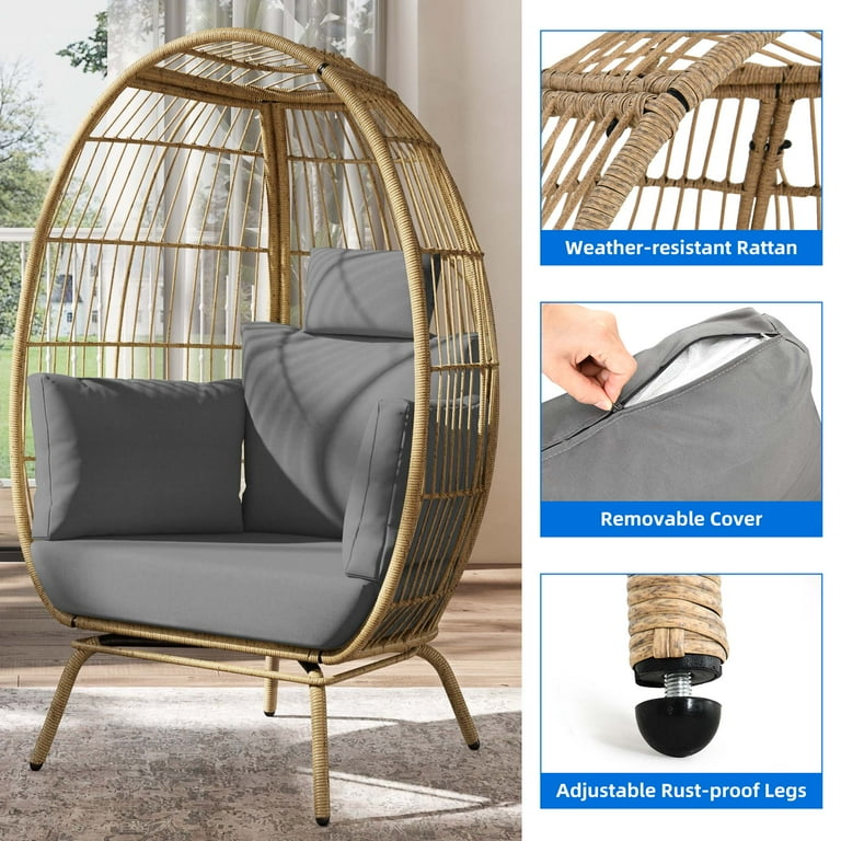 Uforic Outdoor Egg Chair with Cushion Patio Wicker Basket Chair with Stand and Gray Cushion Cocoon Chair Walmart