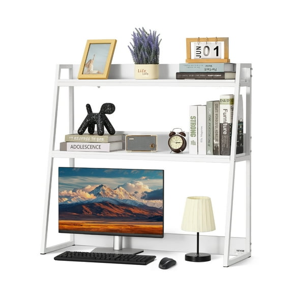 VEVOR Desktop Bookshelf, 2-Tier Desktop Storage Organizer, 37.4" x 12.6" x 35.4" Office Desk Storage Rack Display Shelf, Desktop Bookshelf Hutch with Anti-Slip Feet Pads, for Home & Dorm, White
