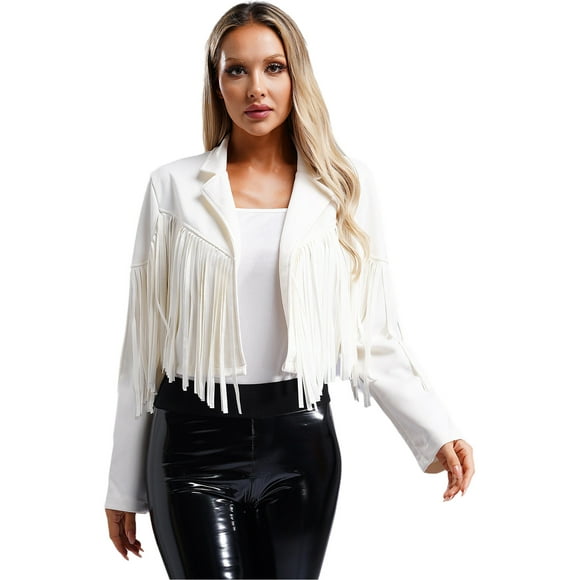 Manyakai Women's Suede Fringe Jacket Long Sleeve Slim Faux Leather Motorcycle Cropped Top with Tassles White M