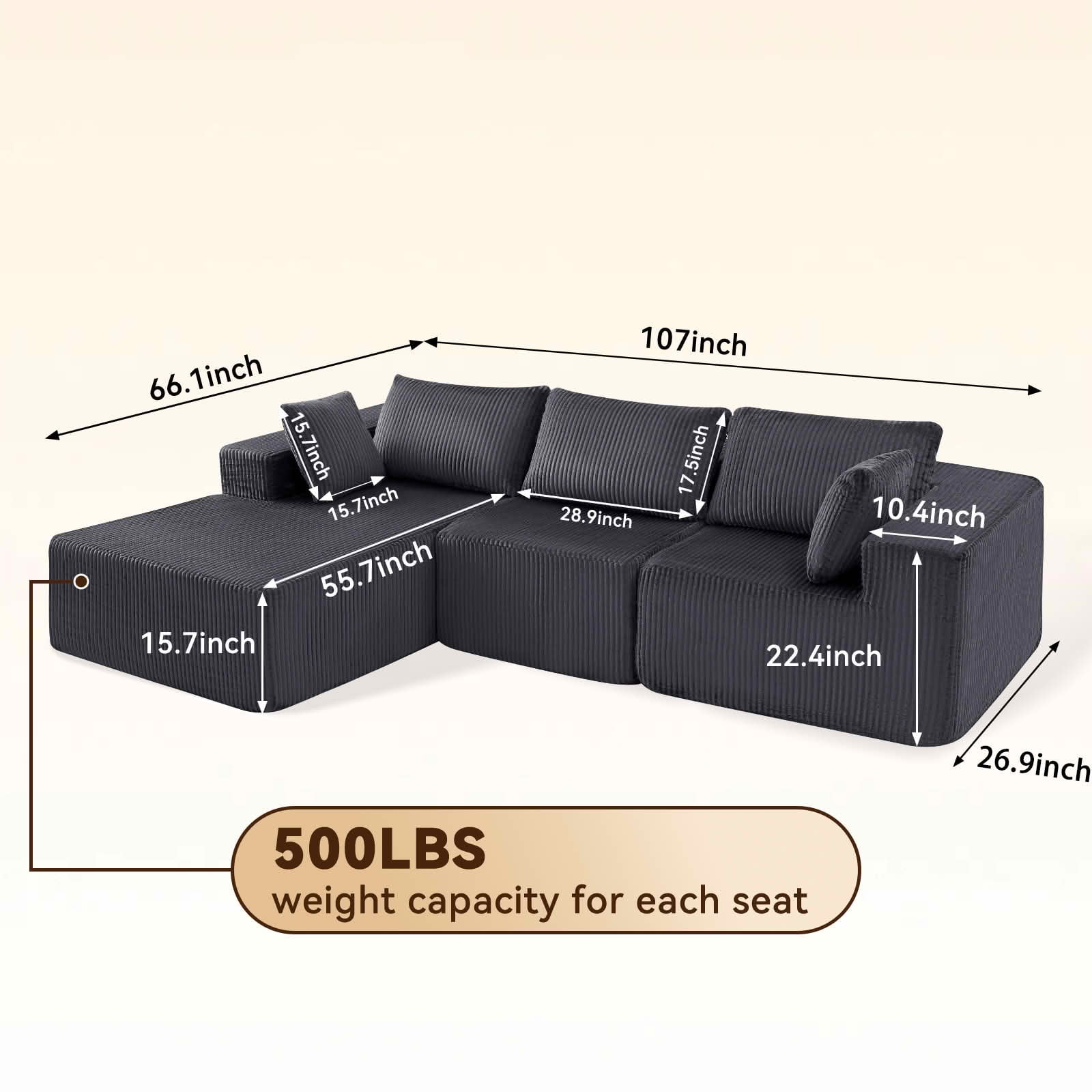 MAYEERTY 108-Inch Modern Modular L-Shaped Sofa, Upholstered Boneless Sofa with Lounge Chair