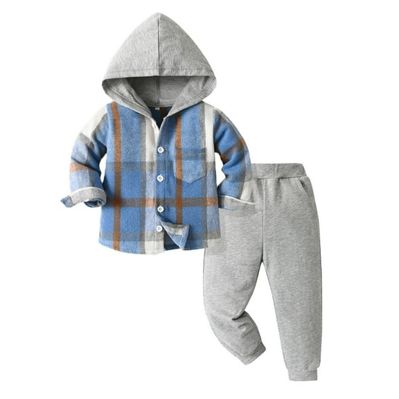 Toddler Boys Outfits Two Piece Long Sleeve Casual Plaid Prints Gentleman Hooded Tops Holiday Shirts T Shirt Pants Sets Size 2-3T
