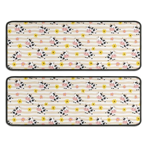 Cow and Flower Beige Pattern Anti Fatigue Kitchen Rugs Set Of 2, Non Slip Washable Decorative Floor Mats for Sink Laundry and Home Use, 17"x47"