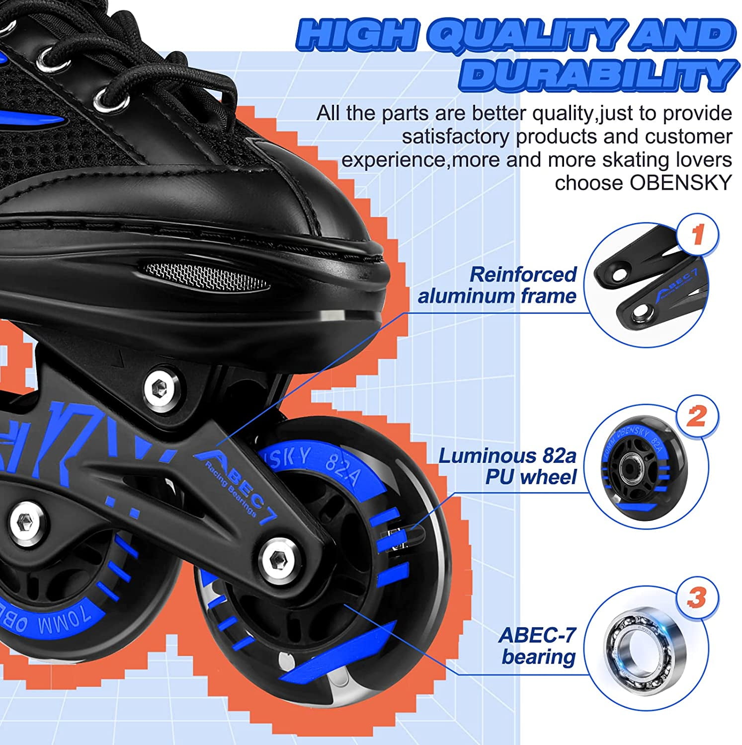 (2 pack) OBENSKY Adjustable Inline Skates, Illuminating Roller Blades for Kids,Girls&Boys Beginner w/ Light up Wheels-Blue