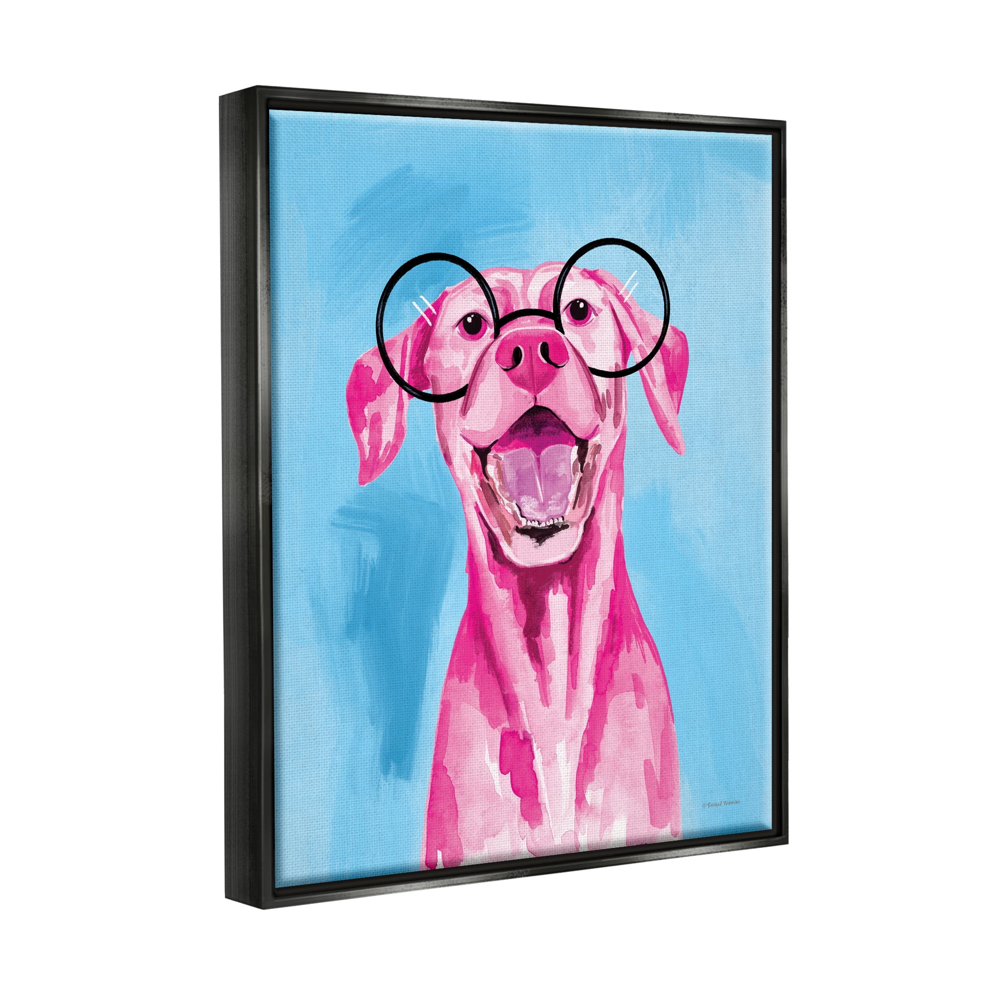 Stupell Industries Pink & Blue Happy Dog Animals & Insects Painting Black Floater Framed Art Print Wall Art, 25 x 31