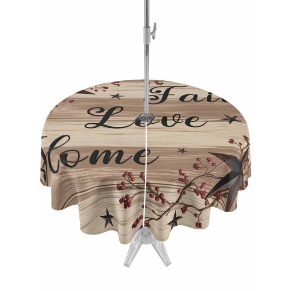 Outdoor Tablecloth with Umbrella Hole for Patio/Picnic/Party/Camping, Farmhouse Star Brown Waterproof Table Cloth Round Cover Washable, Retro Branches Berry Wooden Grain (Dia 60")