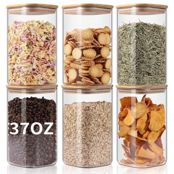NTGFU 6PCS Glass Storage Jars, 37oz Clear Glass Food Storage Container with Sealed Bamboo Lid Stackable Kitchen Jars for Candy, Biscuits, Rice, Sugar, Flour, Pasta, Nuts & Spice Jars (Square)