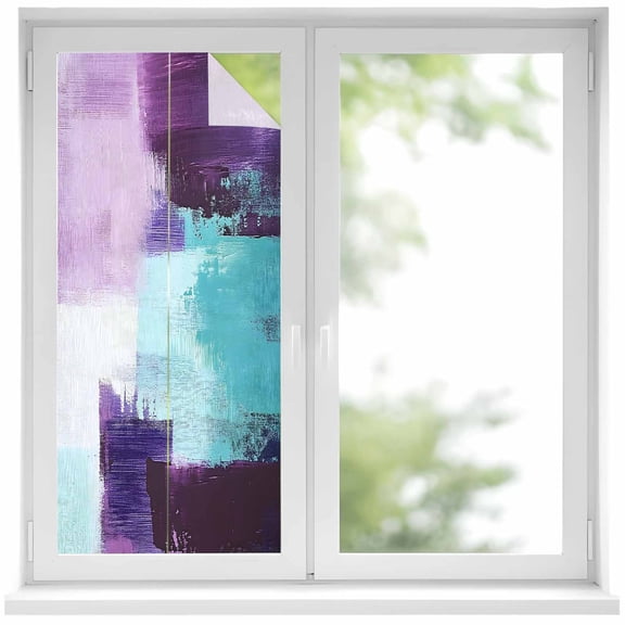 Purple Turquoise Window Privacy Film, Geometric Modern Abstract Oil Painting Static Cling UV Sun Blocking Heat Control Window Tint, Non-Adhesive One Way Windows Privacy Cover 17.7''x39.3''