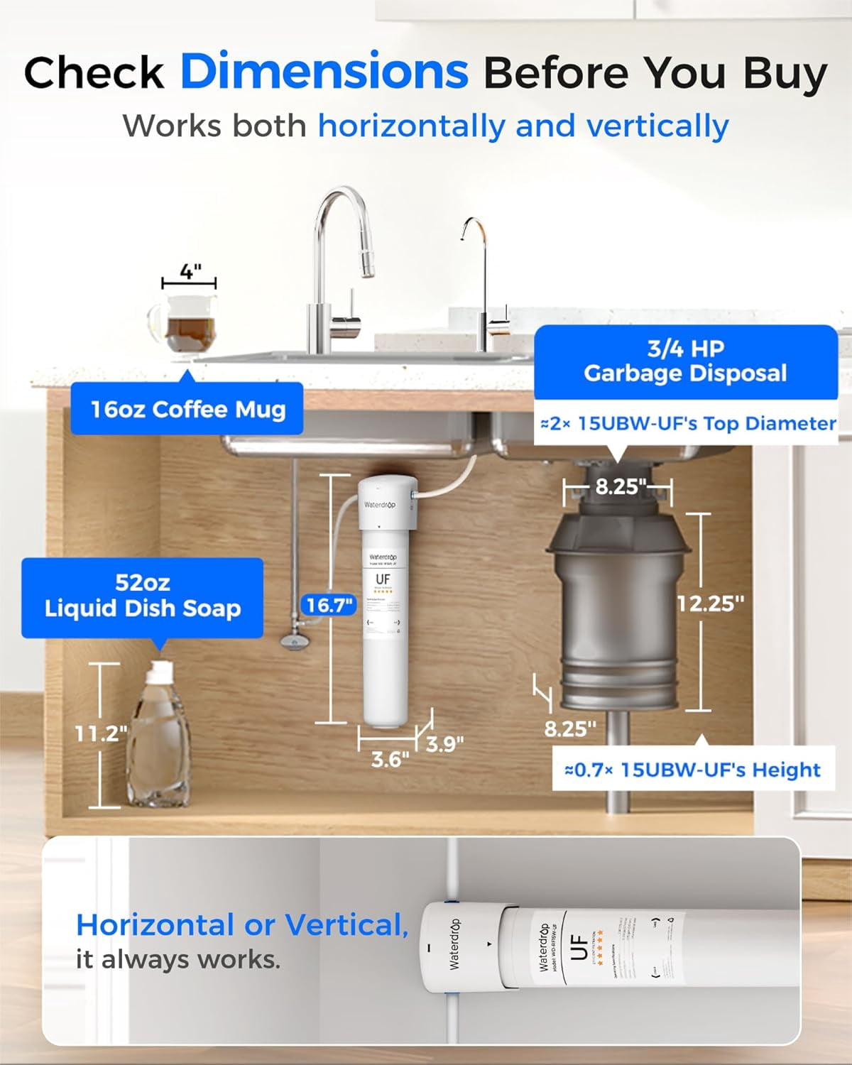 Waterdrop 15UBW-UF 0.01 μm Ultra Filtration Under Sink Water Filter System, Reduces Lead, Chlorine, Bad Taste & Odor, 2 Years