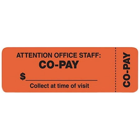 UPC: 0084371405664 | Tabbies CO-PAY Wrap Labels  Collect at Time of Visit     Attention Office Staff: Co-Pay  – 3  x 1  Length – Rectangle – Fluorescent Red Orange – 500 / Roll – 500 / Roll