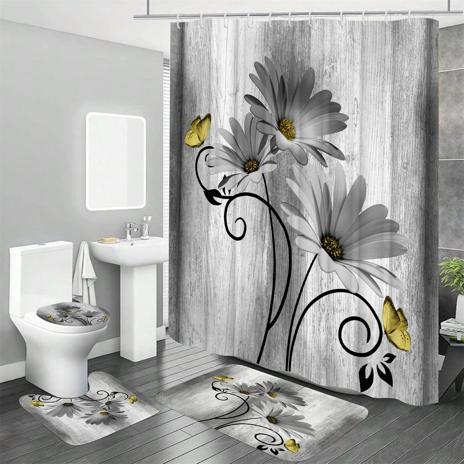 Hadint 4Pcs Gray Daisy Floral and Butterfly Shower Curtain Set, Shower Curtain and Rug Set, 12 Pcs Hooks, 71inx71in