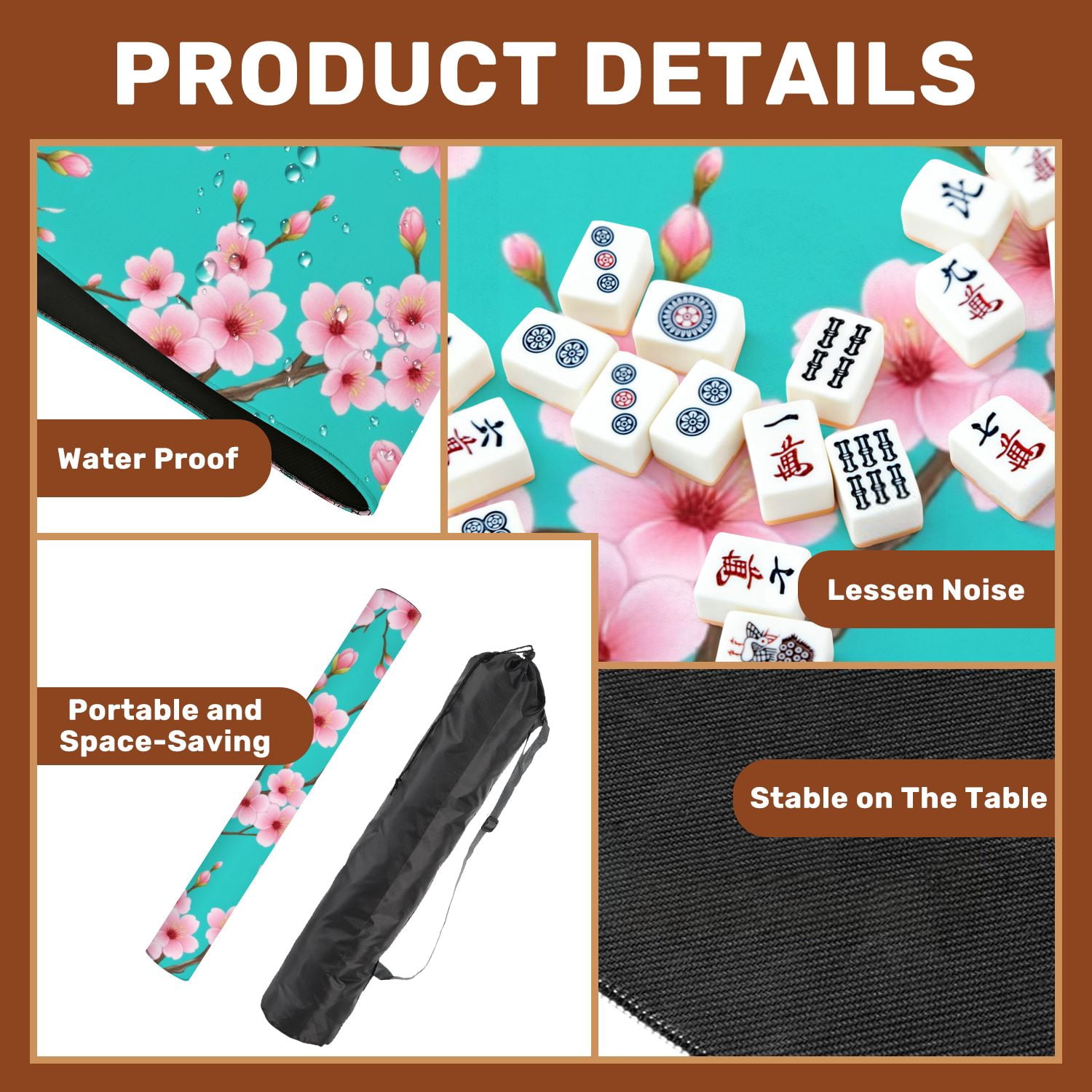 Mahjong Mat 31.5" x 31.5" Seamless Pink Cherry Blossoms Turquoise Non-Slip Noise Reduction American Mahjong Tiles Table Cover for Dominoes Poker Card Board Games Gift