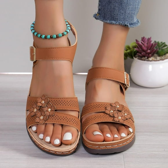 Drppepioner Sandales pour Femmes, Nouvelles Sandales d'Été de Commerce Extérieur Grande Pointure à Talon Compensé à Bout Ouvert Couleur Unie Grande Pointure à Bride Simple Sandales de Plage Brun