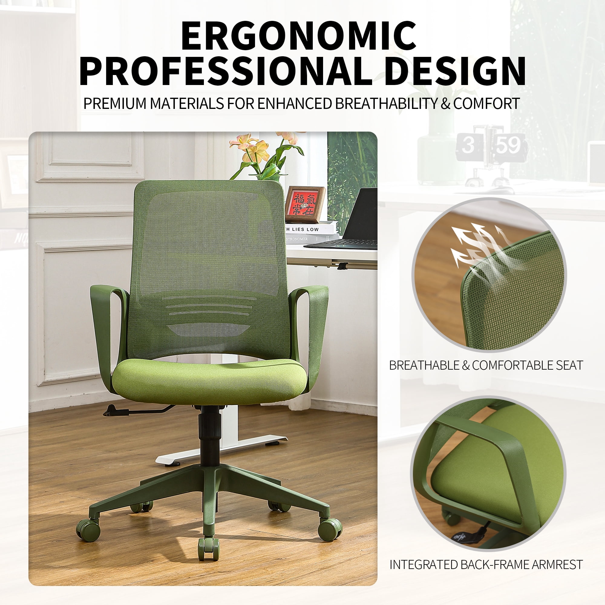 Executive Office Ergonomic Mesh Chair 350LBS, Office Seating, Mesh Fabric, Comfortable Sitting, Integrated Armrest, Lifting, Swivel Net Chair (Green)
