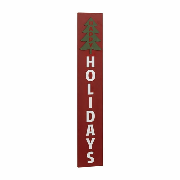 Parisloft Happy Holidays Vertical Wood Wall Sign, Farmhouse Holiday Decor, Christmas Porch Sign, Red, 47.5"H