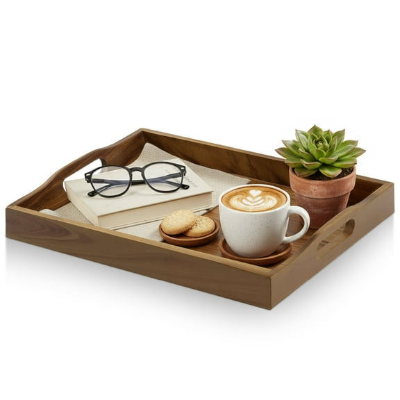 Garnen Walnut Wood Serving Tray with Handles, Rectangular Wooden Tray for Ottoman, Coffee Table, Patio & Breakfast in Bed, Wooden Serving Trays, Brown