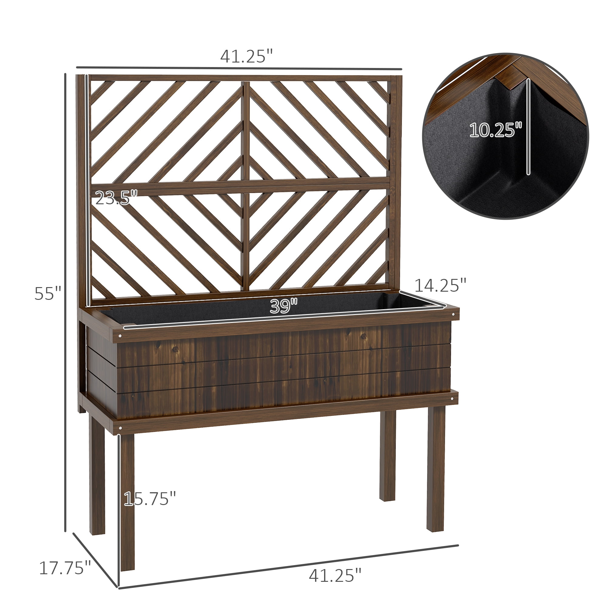 Raised Garden Bed with Trellis for Climbing Plants, Vegetable, Grape Vines, Wood Planter with Legs, Drainage Holes and Filter for Outdoor Garden, Patio, Carbonized