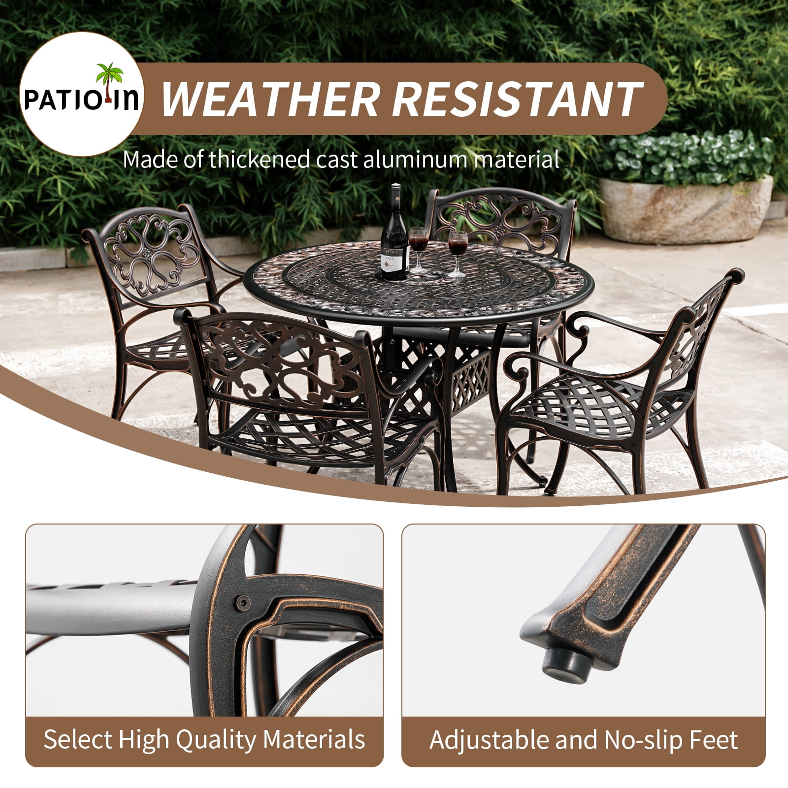 PATIO-IN Cast Aluminum Patio Chair Set of 2 with Armrests, Antique Bronze Metal Bistro Chairs, Outdoor Patio Dining Chairs for Garden, Porch, Poolside