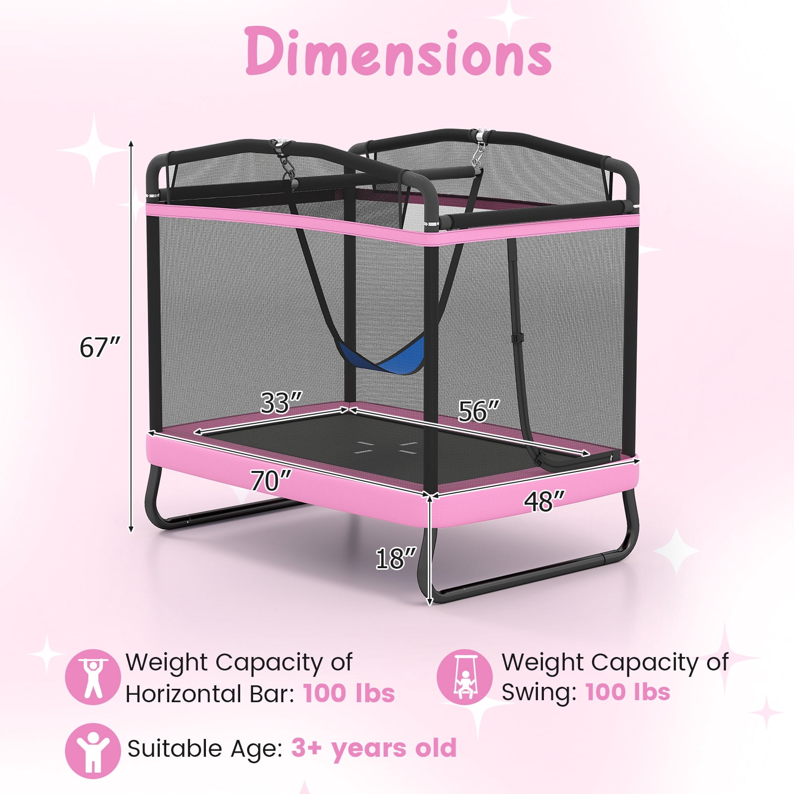 Topbuy 6 x 4 FT Rectangle Kids Trampoline Indoor Outdoor Recreational Trampoline with Swing Pink