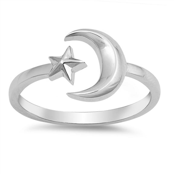 Open Crescent Moon Star Adjustable Ring .925 Sterling Silver Band Jewelry Female Male Unisex Size 10