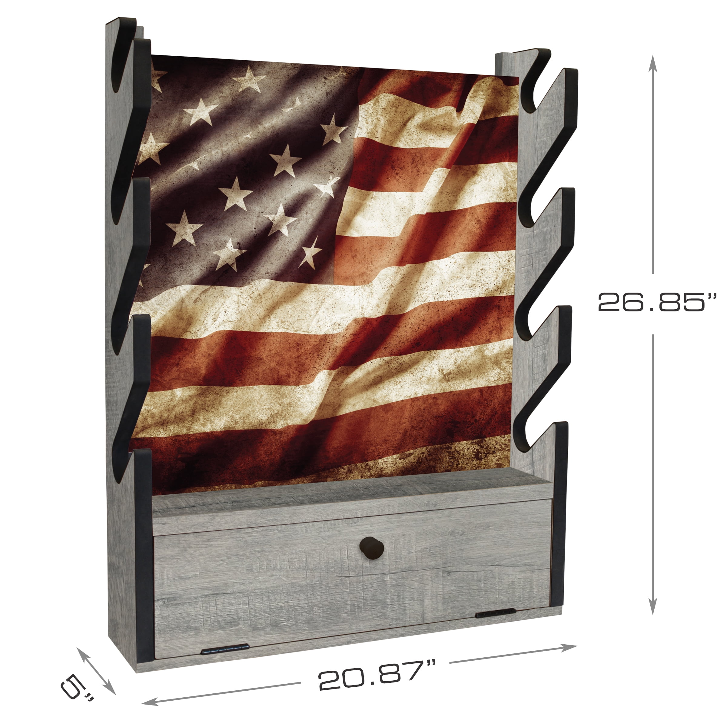 Rush Creek Creations Indoor 4 Rifle/Shotgun Wall Storage Americana Display Rack - Features Storage Compartment For Accessories