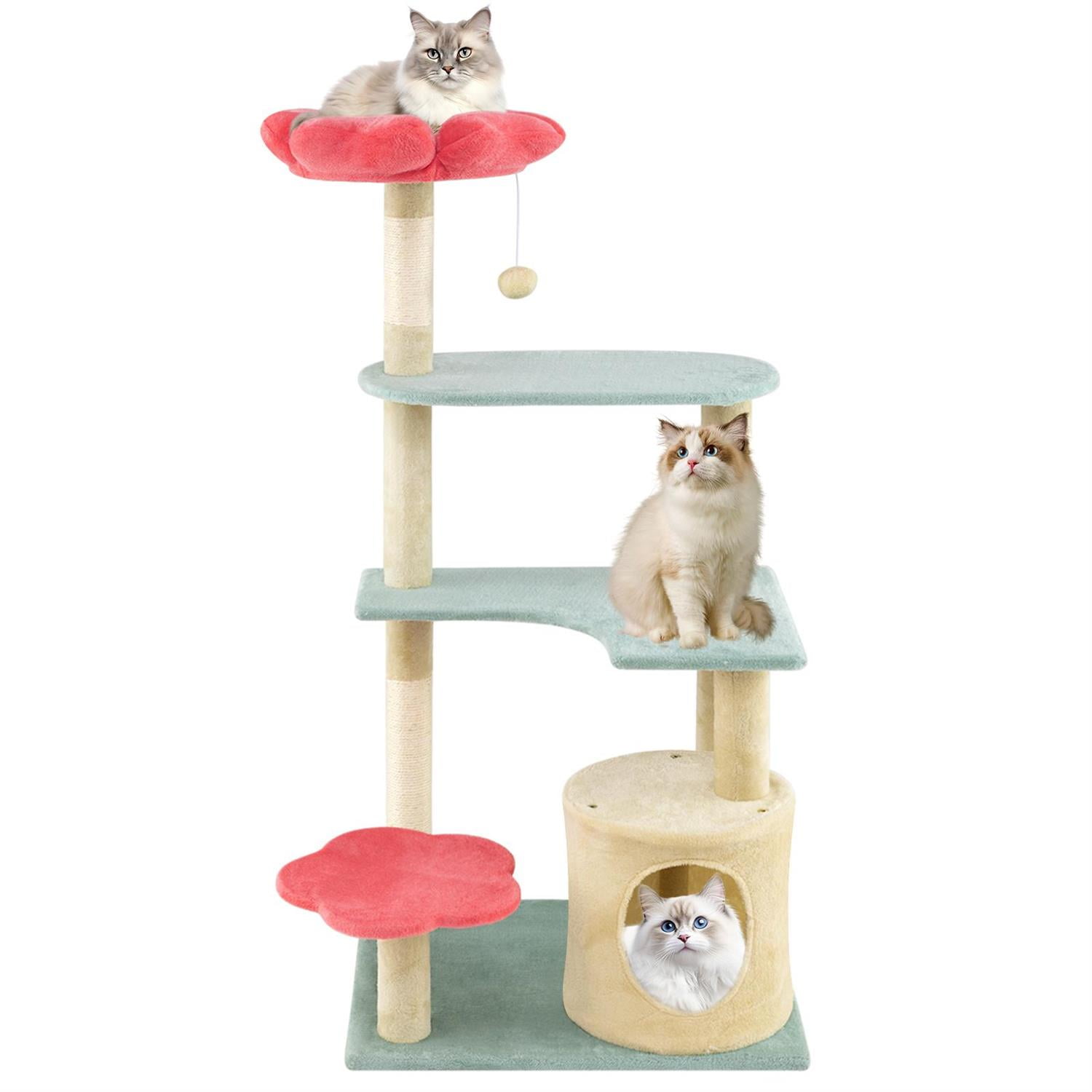 Pefilos 49" Tall Floral Kitten Tower, Flower-shaped Plush Perch, Condo & Sisal Scratching Posts, Blue