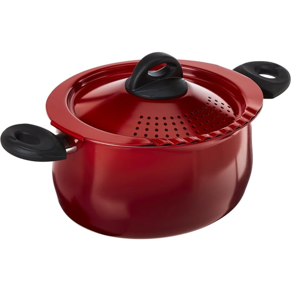 Bialetti 5.5-Quart Nonstick Aluminum Pasta Pot with Strainer Lid and Handles, PFOA-Free Nonstick Oval Cooking Pot and Lid, Red