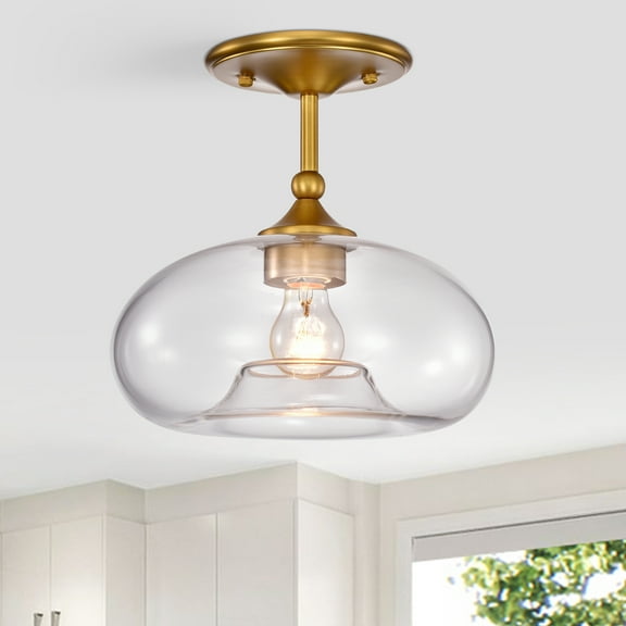 Warehouse of Tiffany Charli Aged Brass 1-Light Curved Clear Glass Shade Semi-Flush Mount