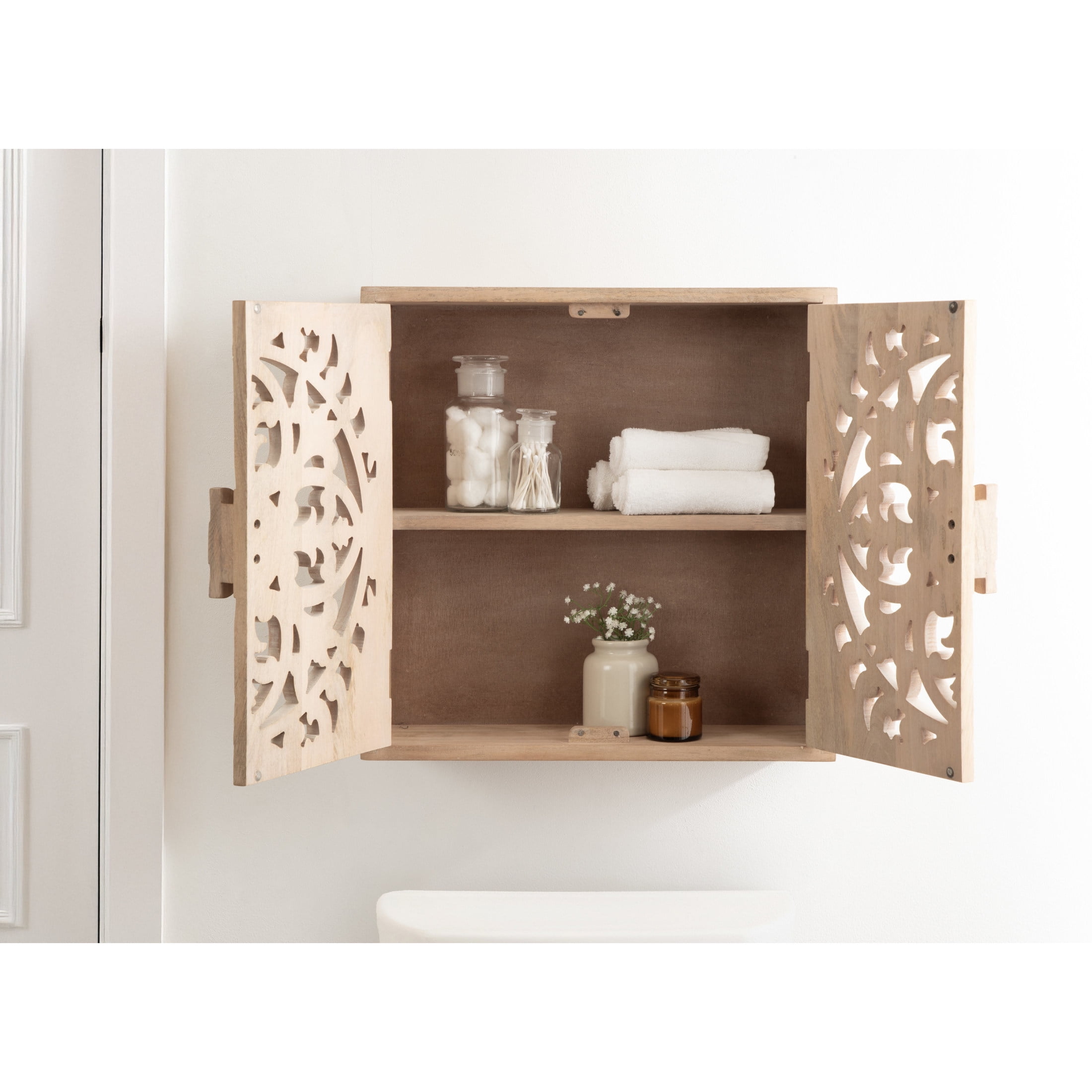 Kate and Laurel Saanvi Traditional Carved Wood Wall Cabinet, 20 x 6 x 20, Light Natural, Dimensional Over the Toilet Storage Cabinet for Bathroom Storage and Display