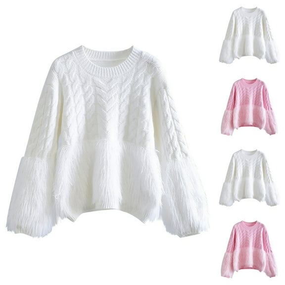 WRKEKC Women's Fringe Cable Knit Pullover Sweater Long Sleeve Crewneck Retro Casual Cozy Chunky Style Sweaters for Women