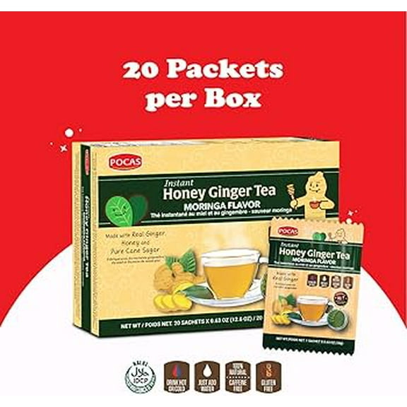 Pocas Honey Ginger Moringa Tea 20 Count Box – Soothing Herbal Tea with Honey, Ginger & Moringa