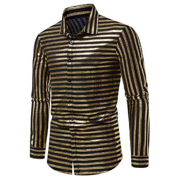 Camisa de manga larga con botones para hombre, informal, a la moda, a rayas, color bronce, para fiesta de discoteca Pompotops oipoqjl50396