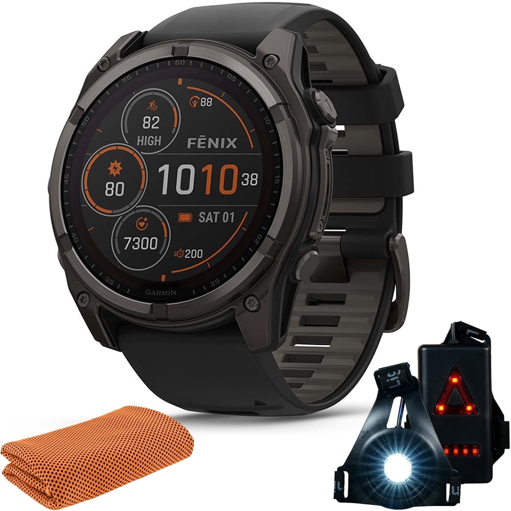 Garmin Fenix 8 51mm Solar Sapphire Multisport GPS Smartwatch, Carbon Gray DLC Titanium with Black/Pebble Gray, 010-02907-10 - Bundle w/Deco Essentials Cooling Towel and Commuter Safety Lights