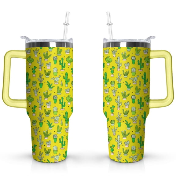 40oz Cute Mini Cactus Theme Stainless Steel Flip Straw Tumbler Spill Proof Travel Cup Double Wall Vacuum Insulated Coffee Mug with Top Handle