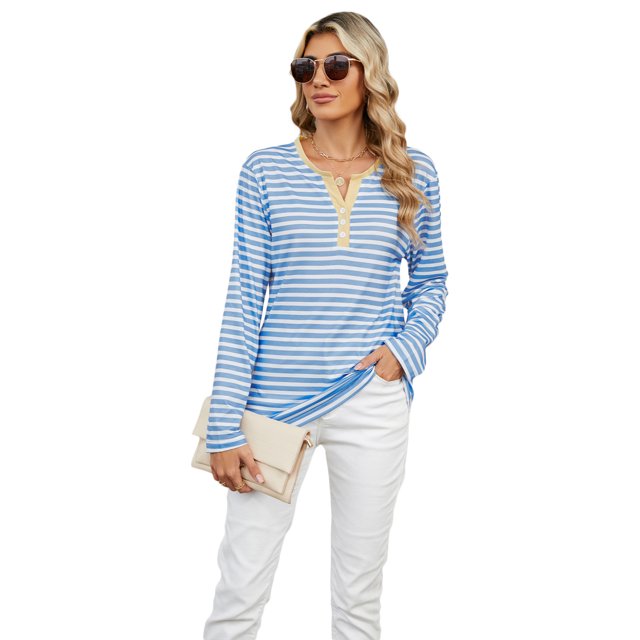 Qudderr T-Shirts Décontractés pour Femmes Manches Longues Col en V Chandail en Molleton Rayé Automne Hiver Pull Coloré pour Femmes S-2TG