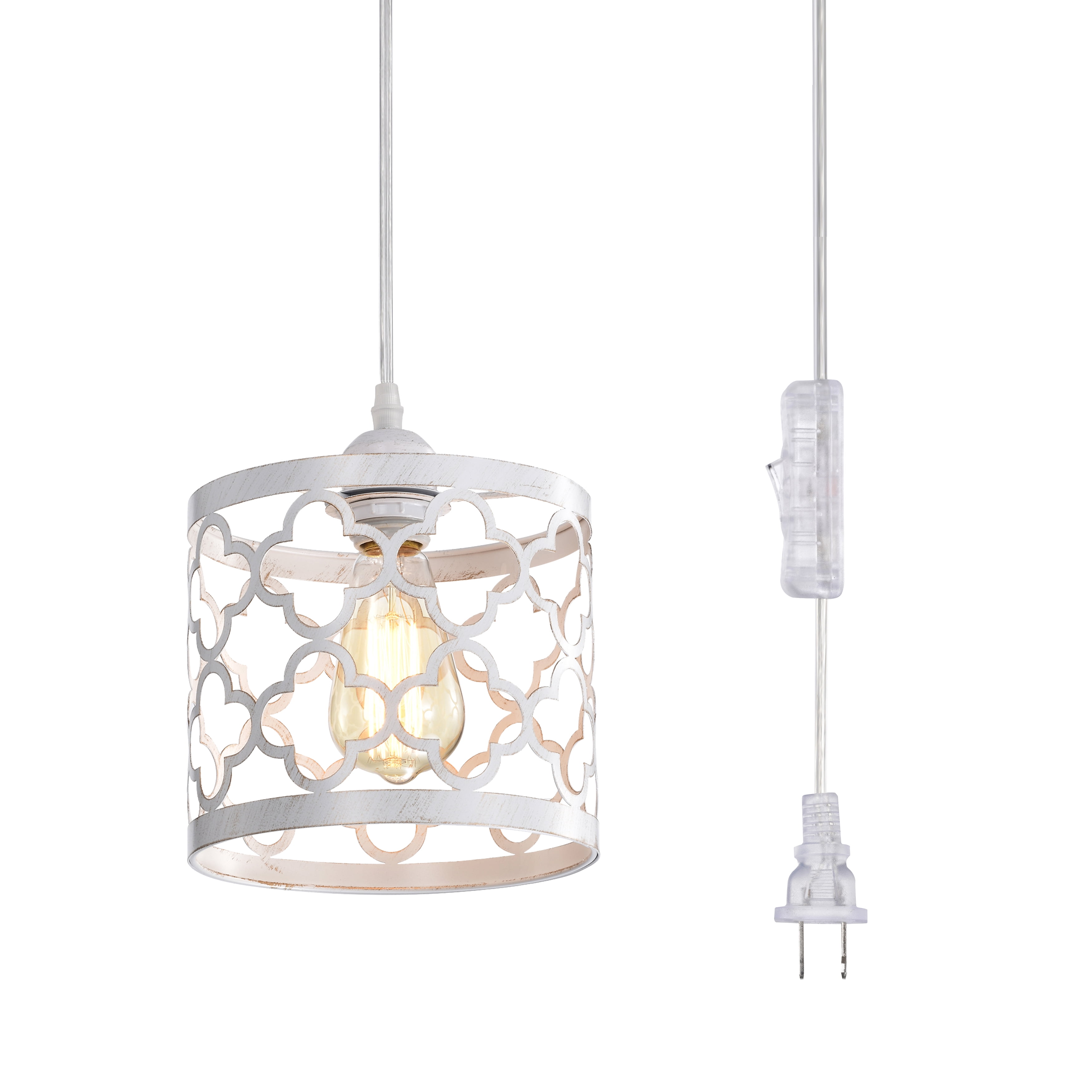 White Plug in Pendant Light with Switch, 19.7FT Hanging Swag Light Fixture with E26 Base, Farmhouse Style Cage Lamp for Bedroom, Kitchen, Living Room