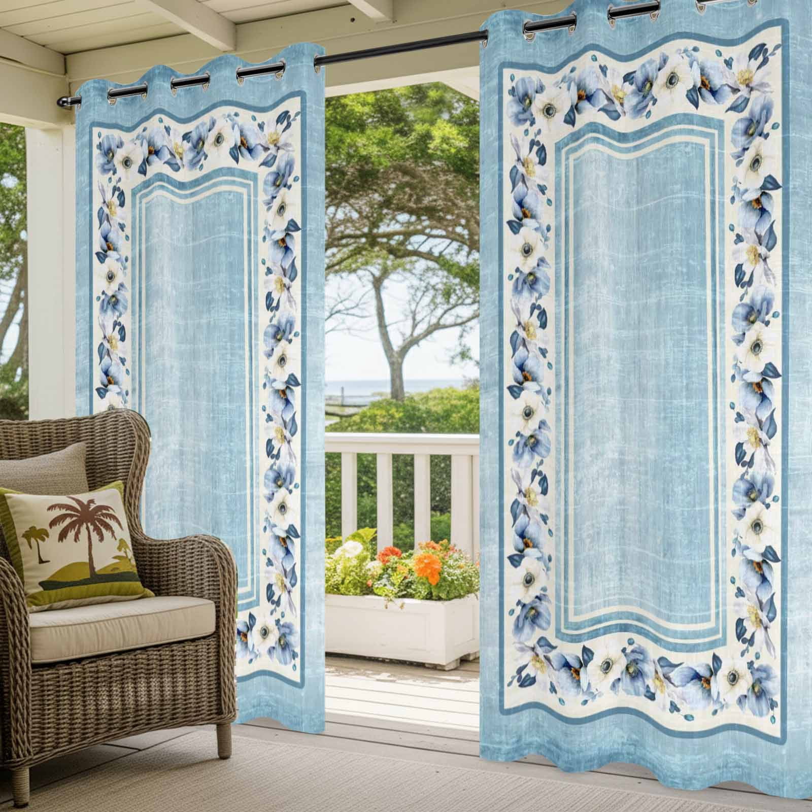 Teal Blue Spring Floral Outdoor Curtains for Patio, Vintage Summer Botanical Classic Sunshade Privacy Drapes Grommet Waterproof Outside Curtains for Porch/Cabana/Balcony 54"x 84", 1 Panel