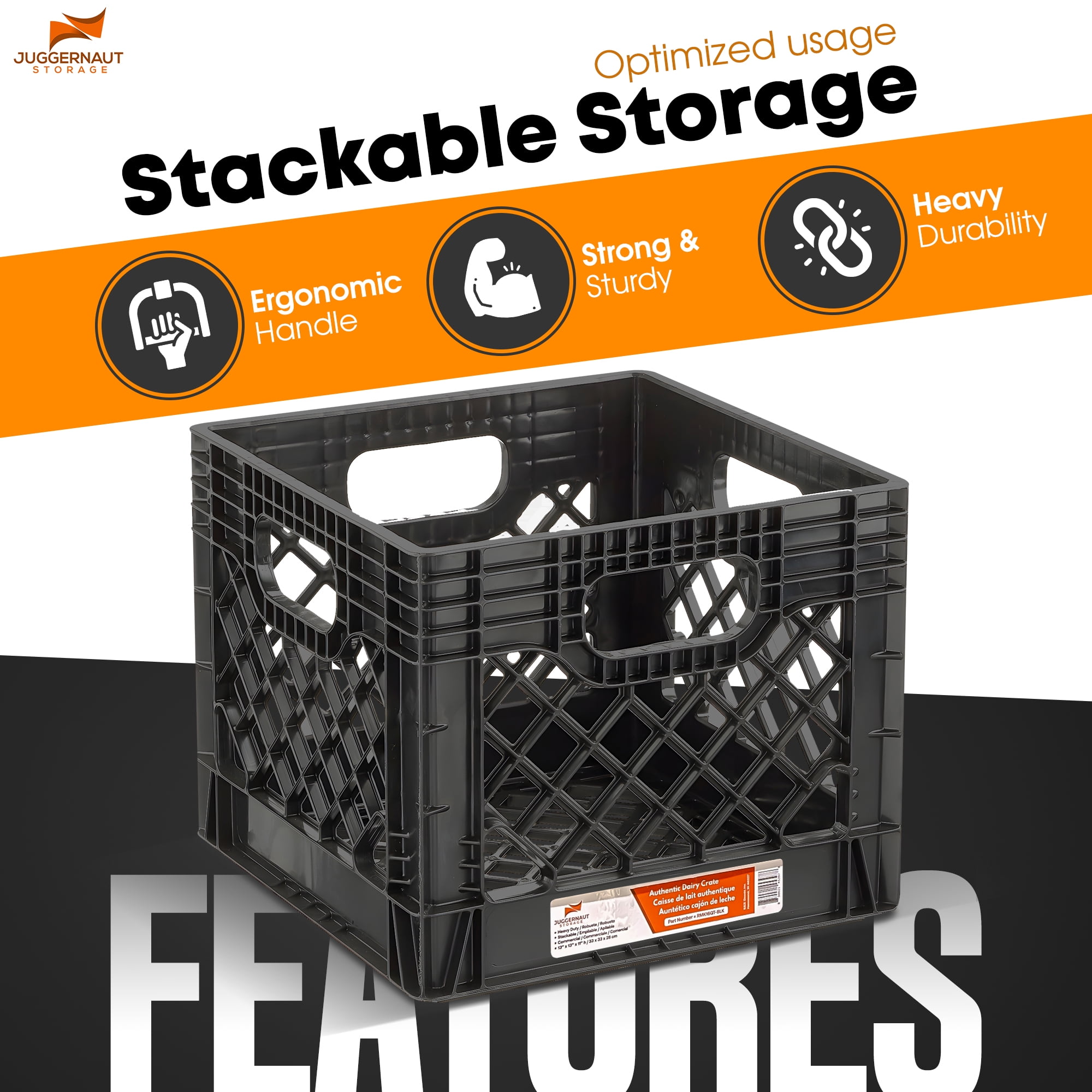 Juggernaut Storage 16QT Plastic Heavy-Duty Plastic Square Milk Crate Black, 2PK