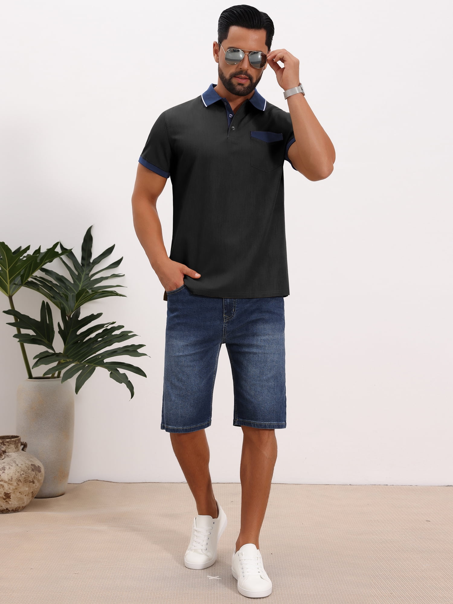 DARING DIVA Men's Short Sleeve Western Retro Stretch Color-Block Polo Shirts L Black