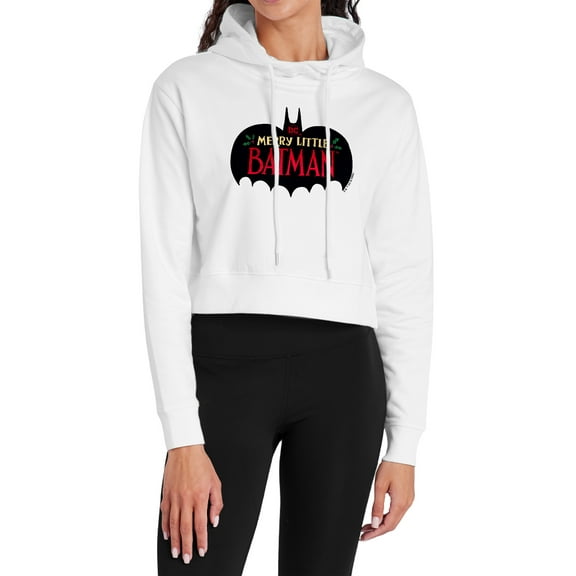 Merry Little Batman Logo Women's Cropped Hoodie Pullover Sweatshirt, White, Large