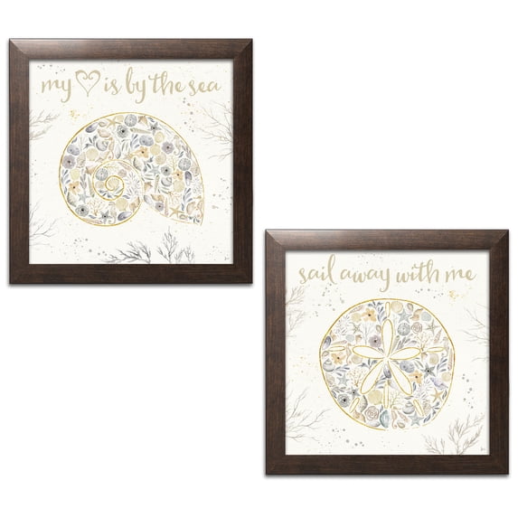 Gango Home Decor Coastal Seaside Blossoms III & IV Neutral by Jess Aiken (Ready to Hang); Two 12x12in Brown Framed Prints