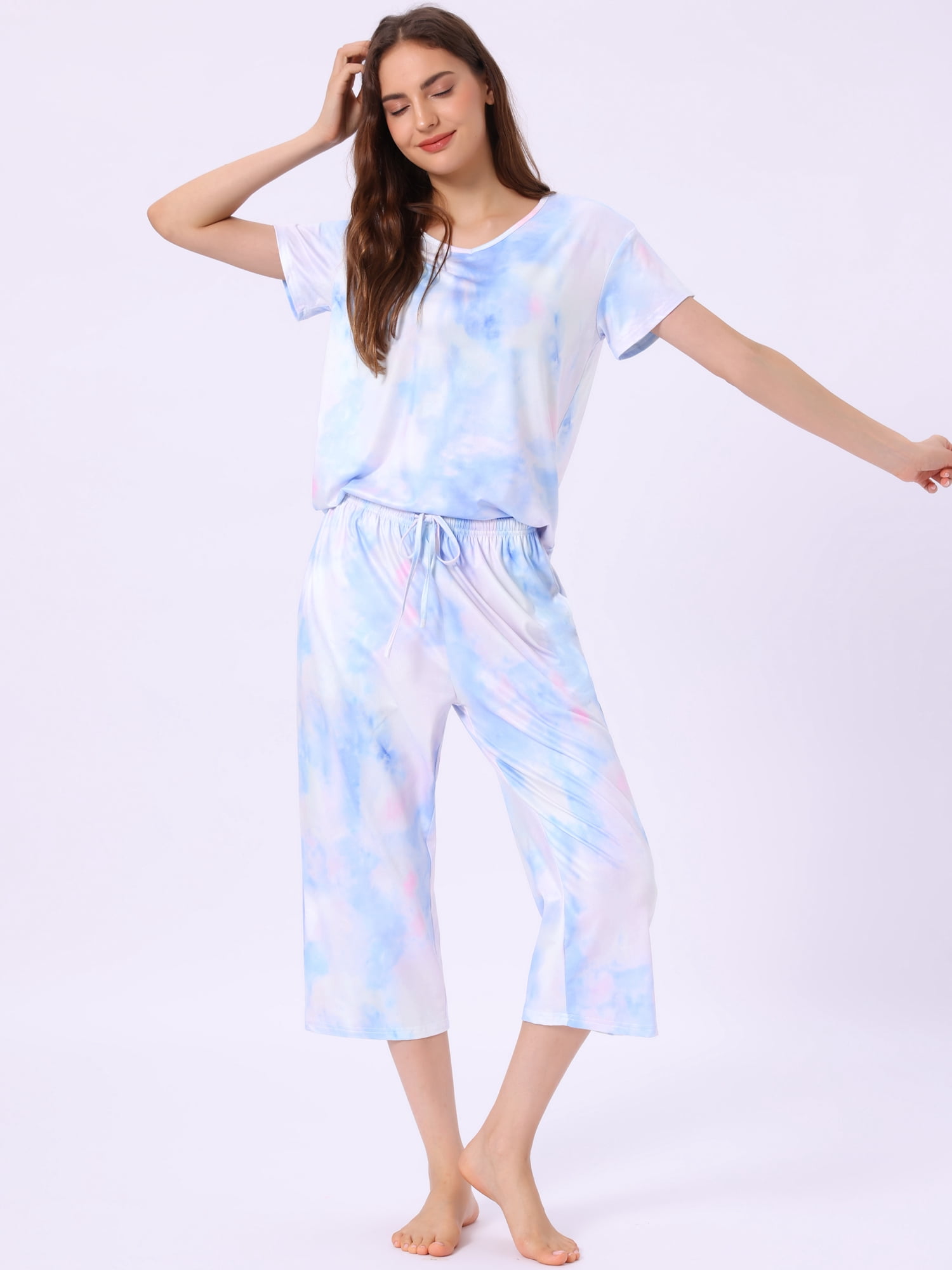 DARING DIVA Women's Short Sleeve Tie Dye Capri Pants with Pockets Loungewear L Multicolor