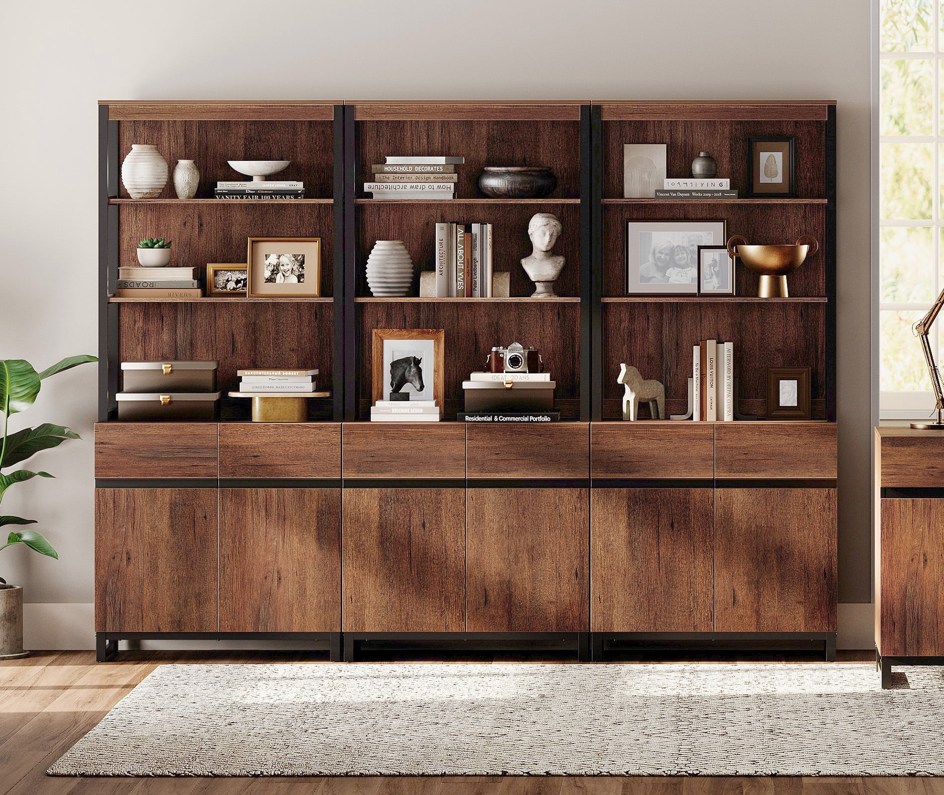 WAMPAT 3-Piece Modern 72" Tall Bookcases, Wood Bookshelves with Metal Base, Adjustable Shelves, Storage Cabinet & Open Shelving,Library Shelf for Home Office & Living Room