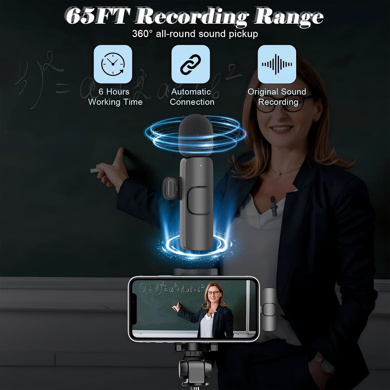 RONY Wireless Lavalier Microphone with Noise Cancelling for iPhone iPad, Dual Professional Mini Mics with Charging Case, 65FT