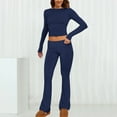 thumbnail image 3 of GILIGEGE Two Piece Sets for Women Women's 2 Sets Fold Over Flare Pants Set Long Sleeve Cropped Top Casual Outfits Pajamas Dark Blue M, 3 of 6