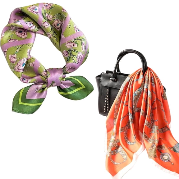 Silk Satin Scarf Set of 2 for Women – Elegant Floral & Art-Inspired Satin Neck Scarves for Work and Travel