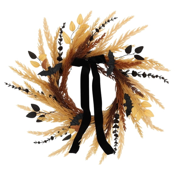 Wheat with Bats Wreath, Yellow and Black, 24", Halloween by