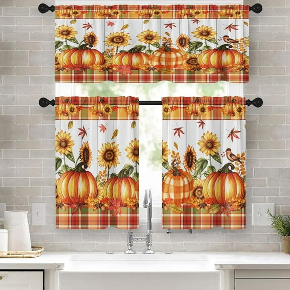 Orange Fall Kitchen Curtains Farmhouse Plaid Window Curtains Valance and Tier Set 36 Inch, Pumpkin Sunflower Bird Rod Pocket Short Tier Curtain for Room, Autumn Small Cafe Kitchen Decor