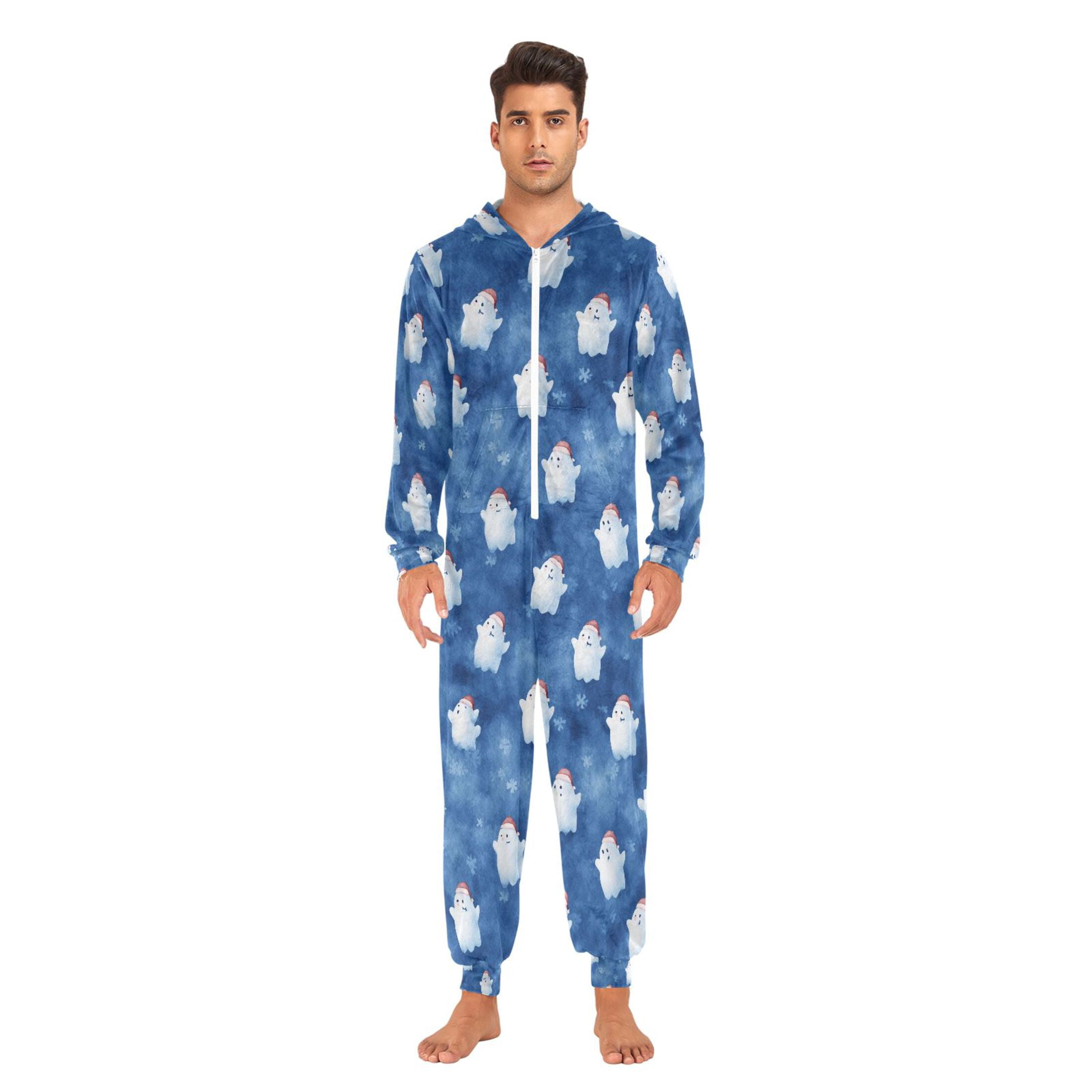 Adult Christmas Onesie Watercolor Christmas Ghost Adult Zipper One-Piece Pajamas Unisex Pajamas with Pockets