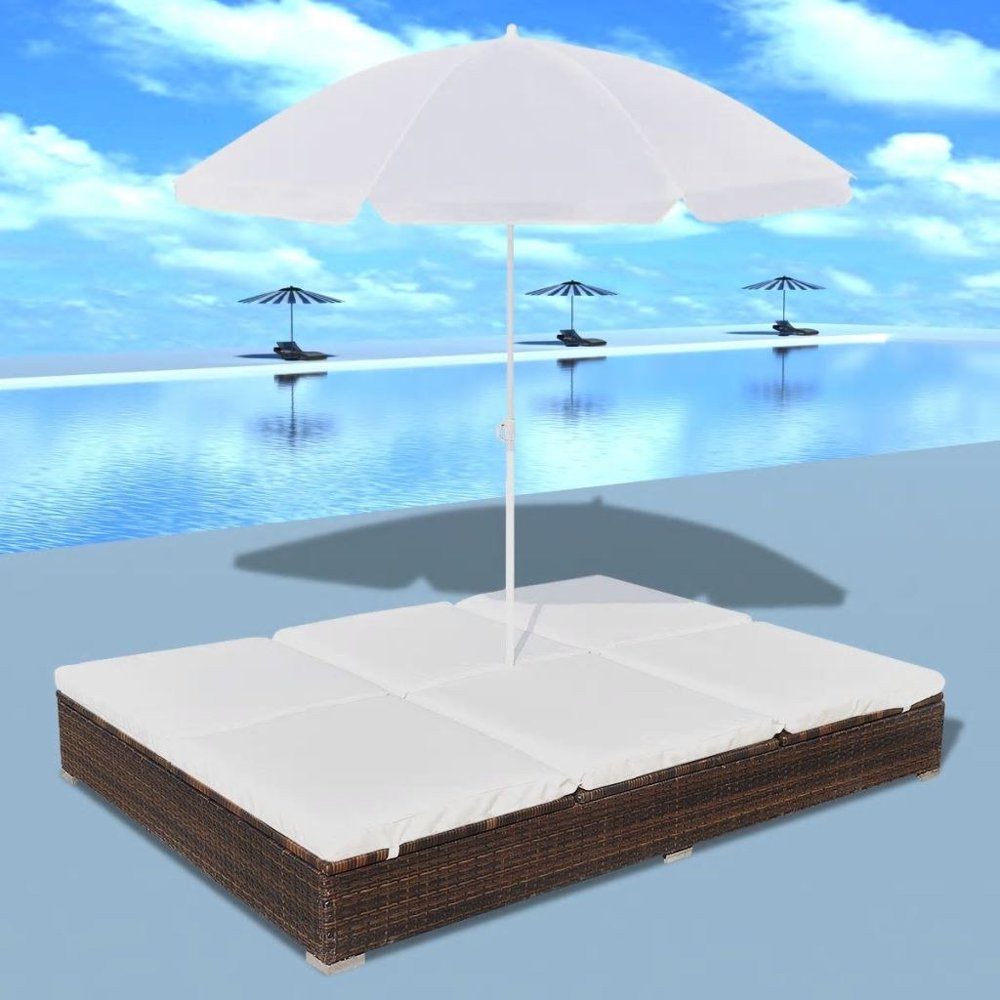 Outdoor Lounge Bed with Umbrella Poly Rattan Brown